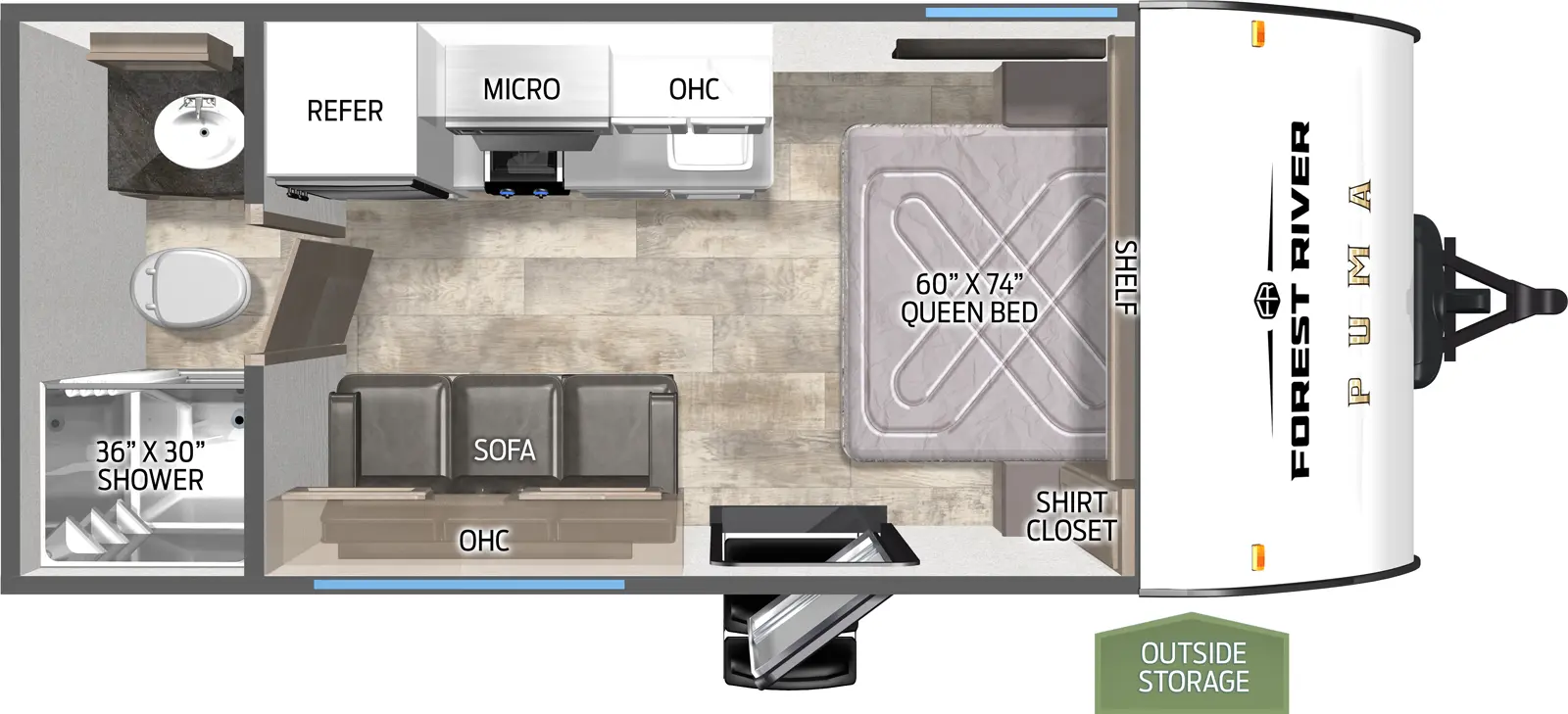 The Puma Camping Edition 16QBCE floorplan has one entry and zero slide outs. Exterior features include: metal exterior and 13' awning. Interiors features include: front bedroom and rear bathroom.